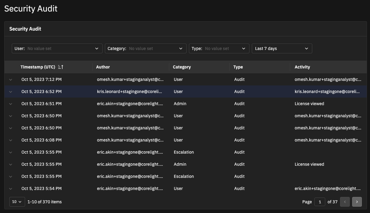 A screenshot of the logs on the Security Audit page.